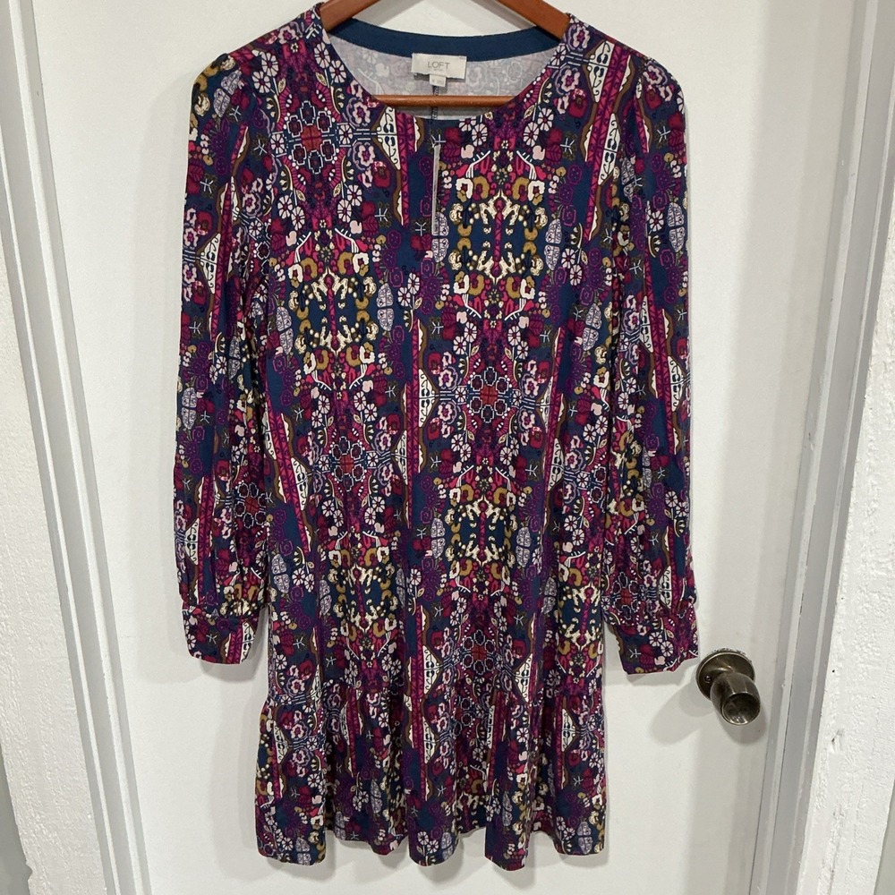 Loft Floral Paisley Swing Dress, Long Sleeves Medium, Purple Blue, NWT